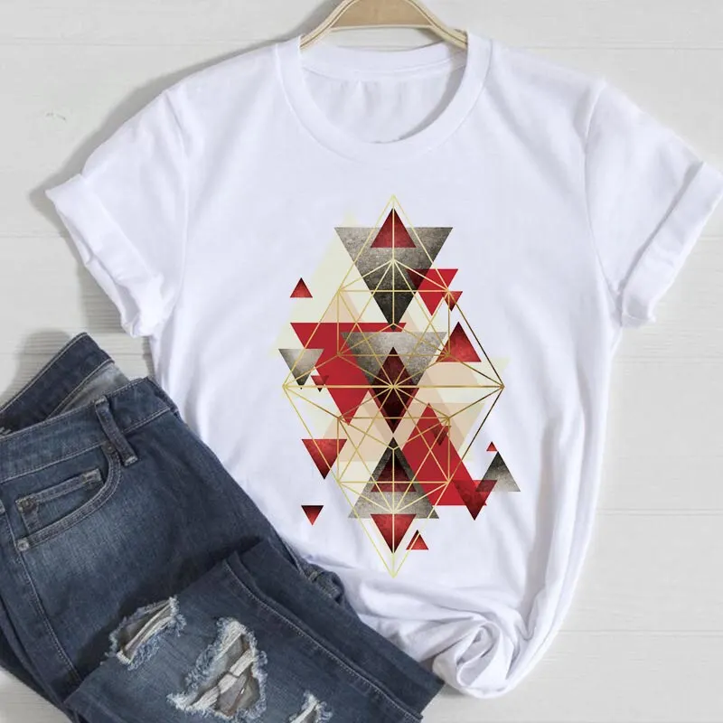 

Новая женская футболка с геометрическим узором, летняя модная повседневная футболка в стиле Харадзюку, футболка большого размера