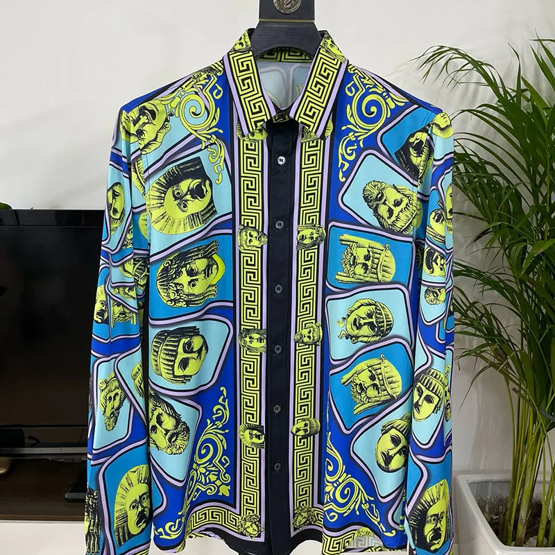 Flower long-sleeved shirt men\'s fashion brand eh and pharaoh\'s head print shirt spring and summer thin long-sleeved shirt