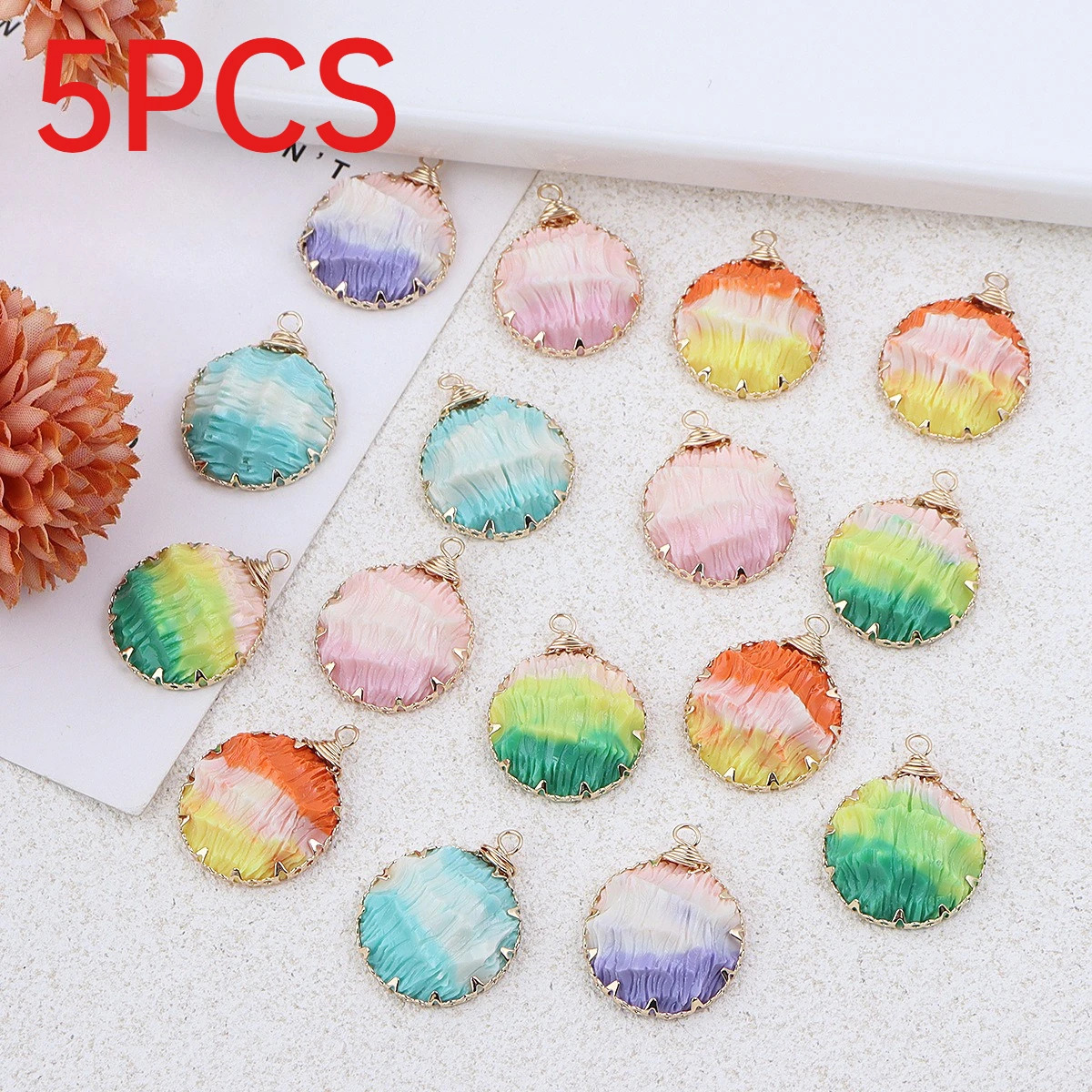 5Pcs Resin Gradient Color Wave Round Charms Edge Wrapped Pendants DIY Necklace Handmade Jewelry Making Accessories