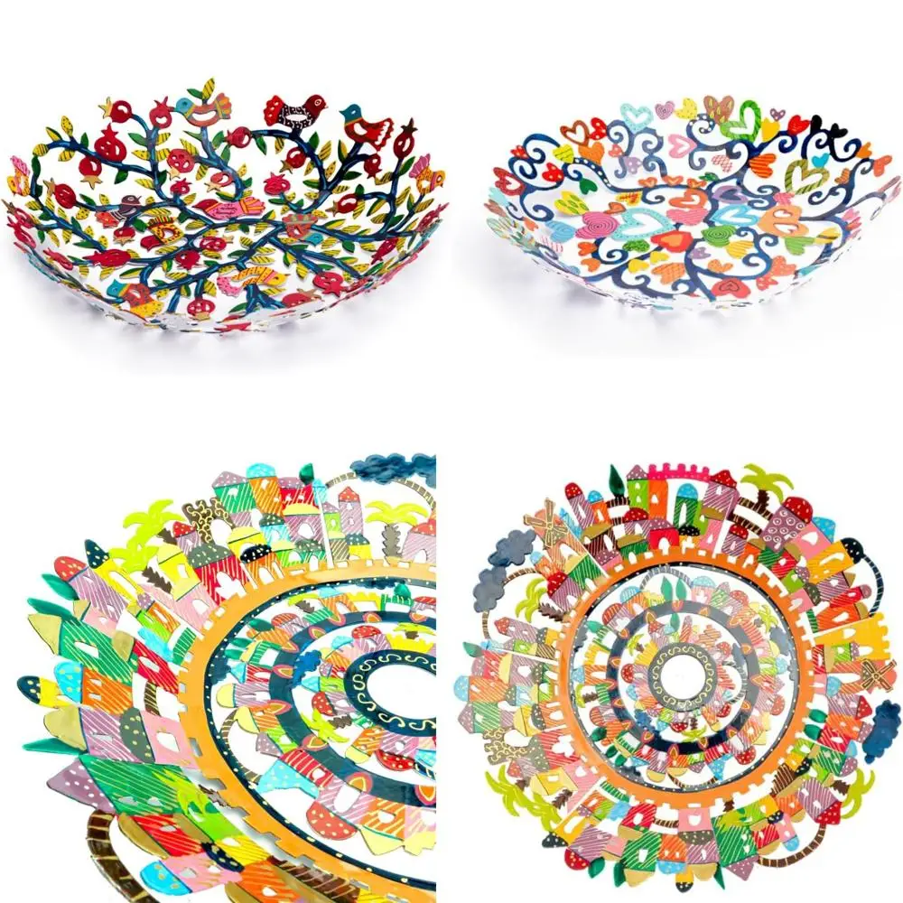 

Hand Painted Decorative Metal Fruit Bowl - Vibrant Colored Centerpiece for Home Decor and Gifting - Judaica Inspired