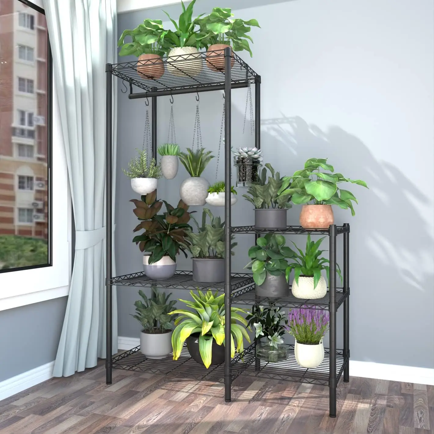 6-Tier Plant Stand for Indoor Outdoor, Large Reinforced Plant Shelf for Multiple Plants for Hanging ,Adjustable,Suitable for Bed