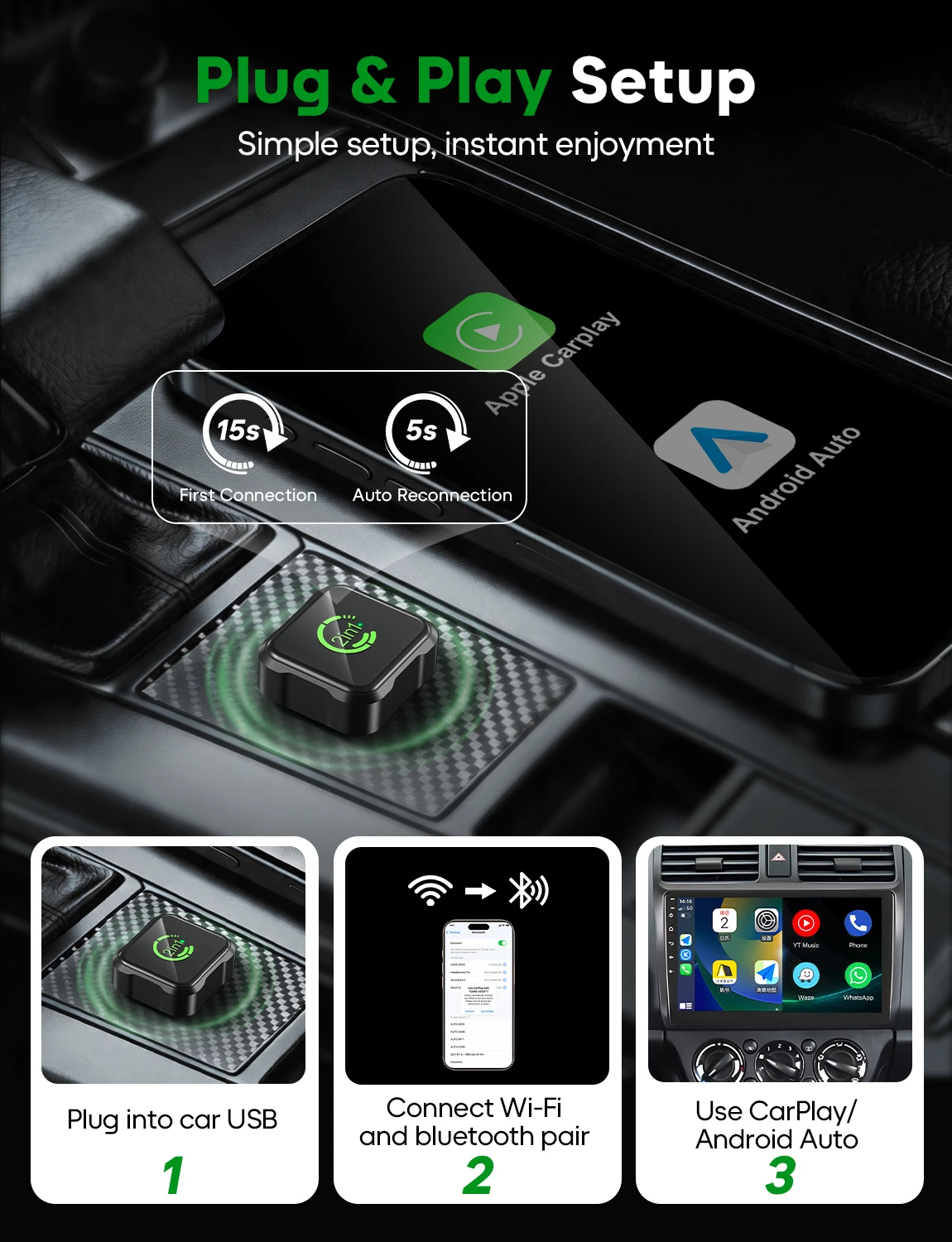 2 IN 1 Plug Play Adapter for iPhone & Android Auto, Seamless Connection for Convert Wired to Wireless Car Play, USB/USB-C Port