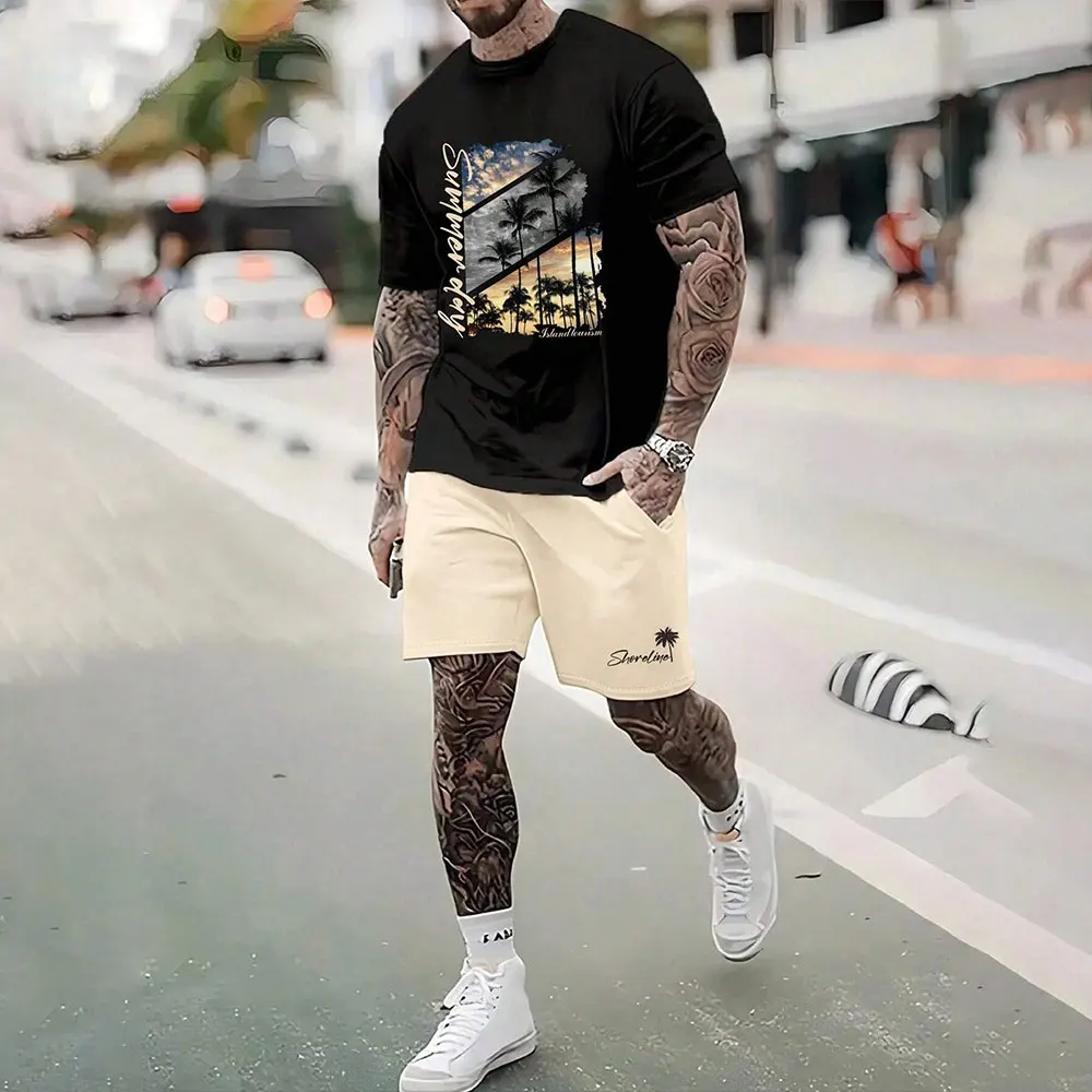 2024 New Men\'s Fashion Short-Sleeved Shorts Set Leisure Summer T-Shirt And Drawstring Shorts 2-Piece Sportswear Set Quick drying