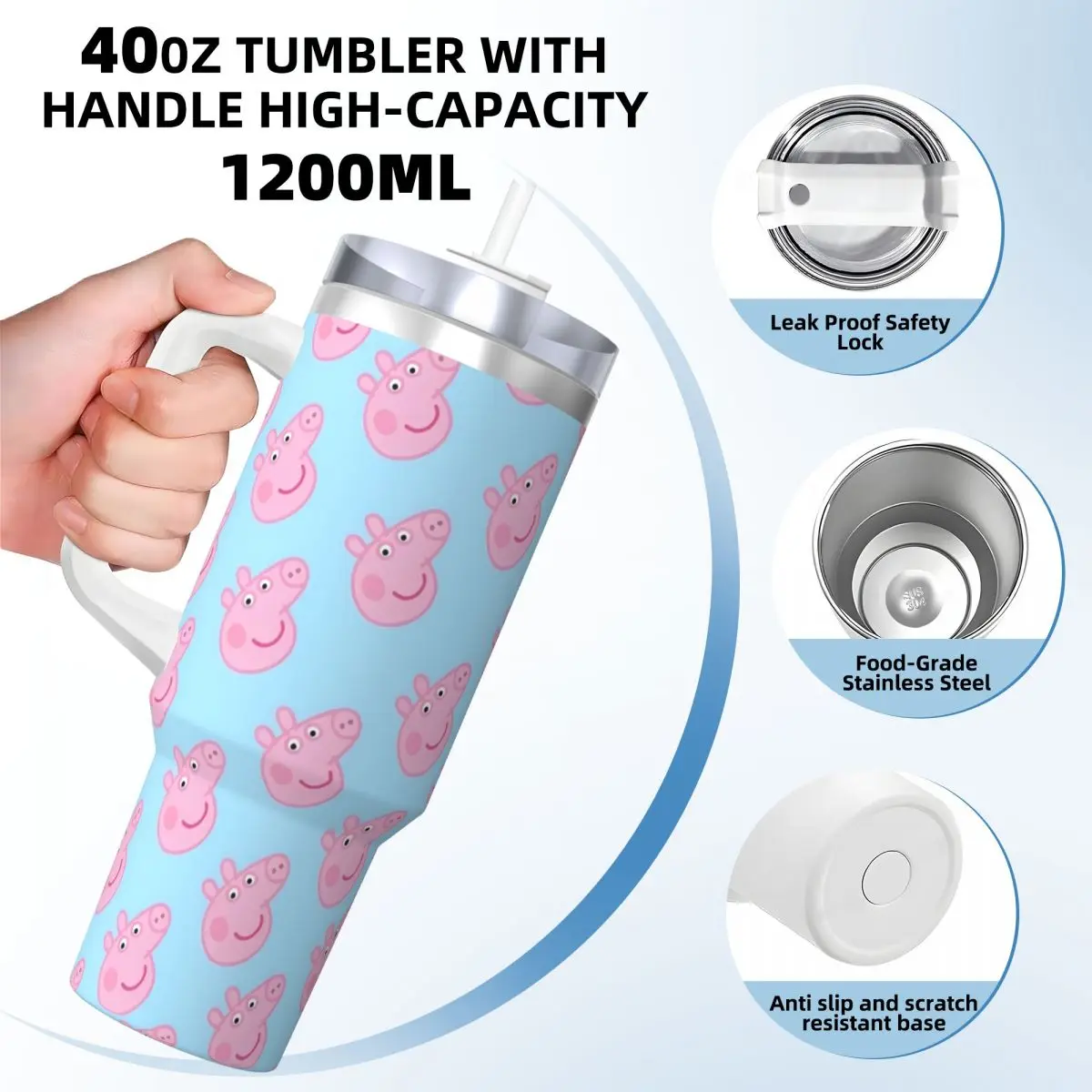 Peppaed Pig Cartoon Stainless Steel Tumbler Travelist Thermal Cups With Straws and Lid 40oz Mugs Cup Hot Drinks Water Bottle