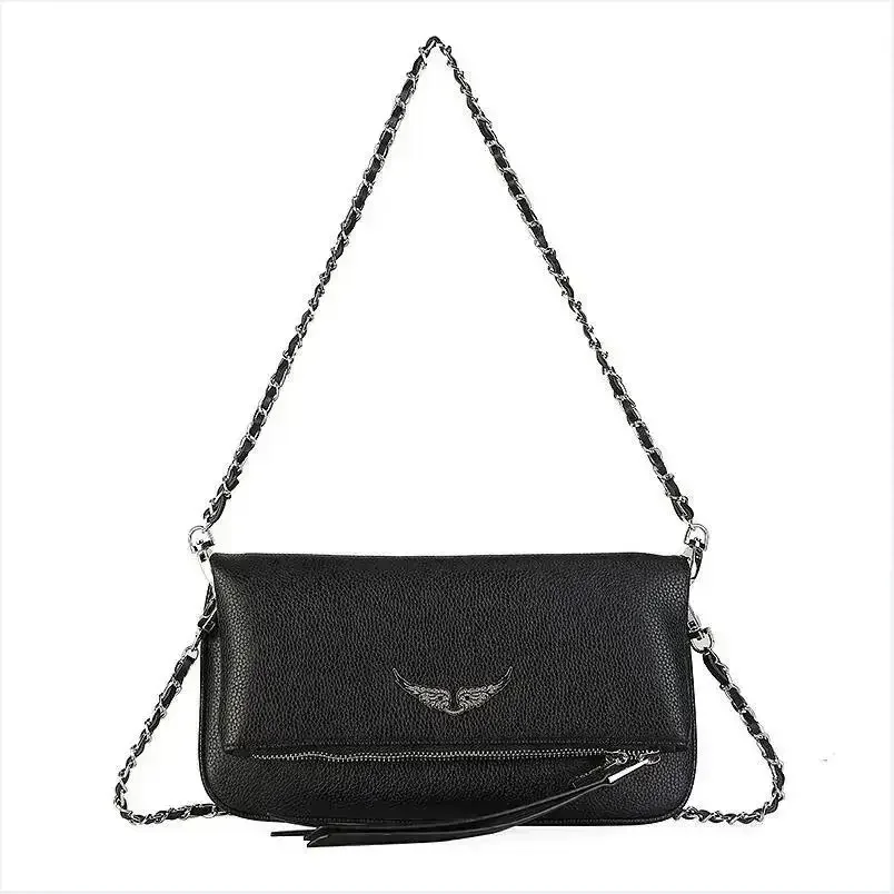 ZADIG & VOLTAIRE Luxury Crossbody Bag Women Black Wings Leather Messenger Bag Fashion Ladies Strap Bag with Two Chain