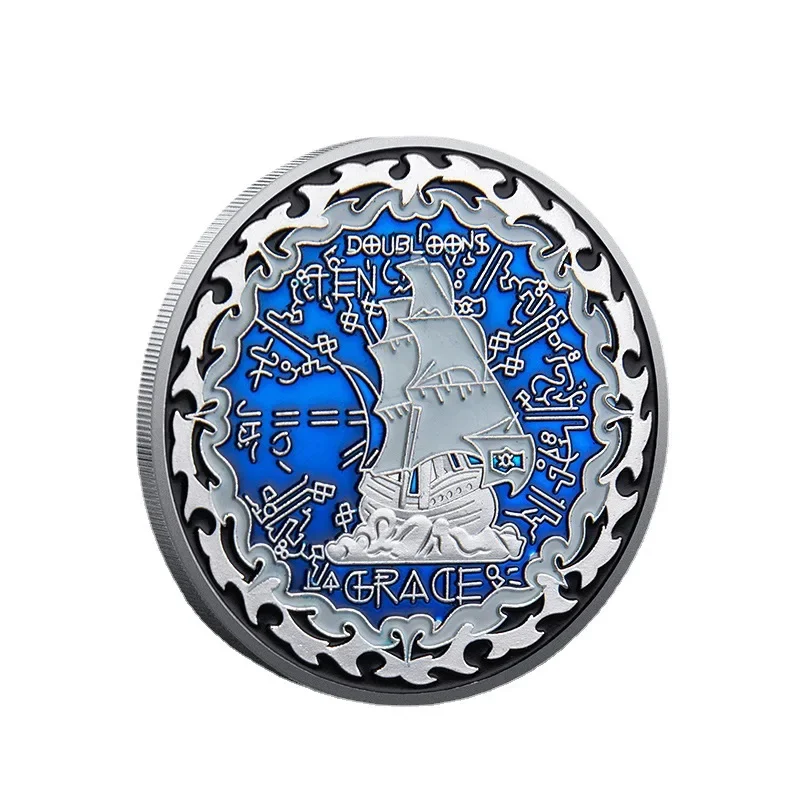 Spanish pirate ship themed decorative coins, sailboat skeletons, double swords, colorful lucky coins, metal craft badges