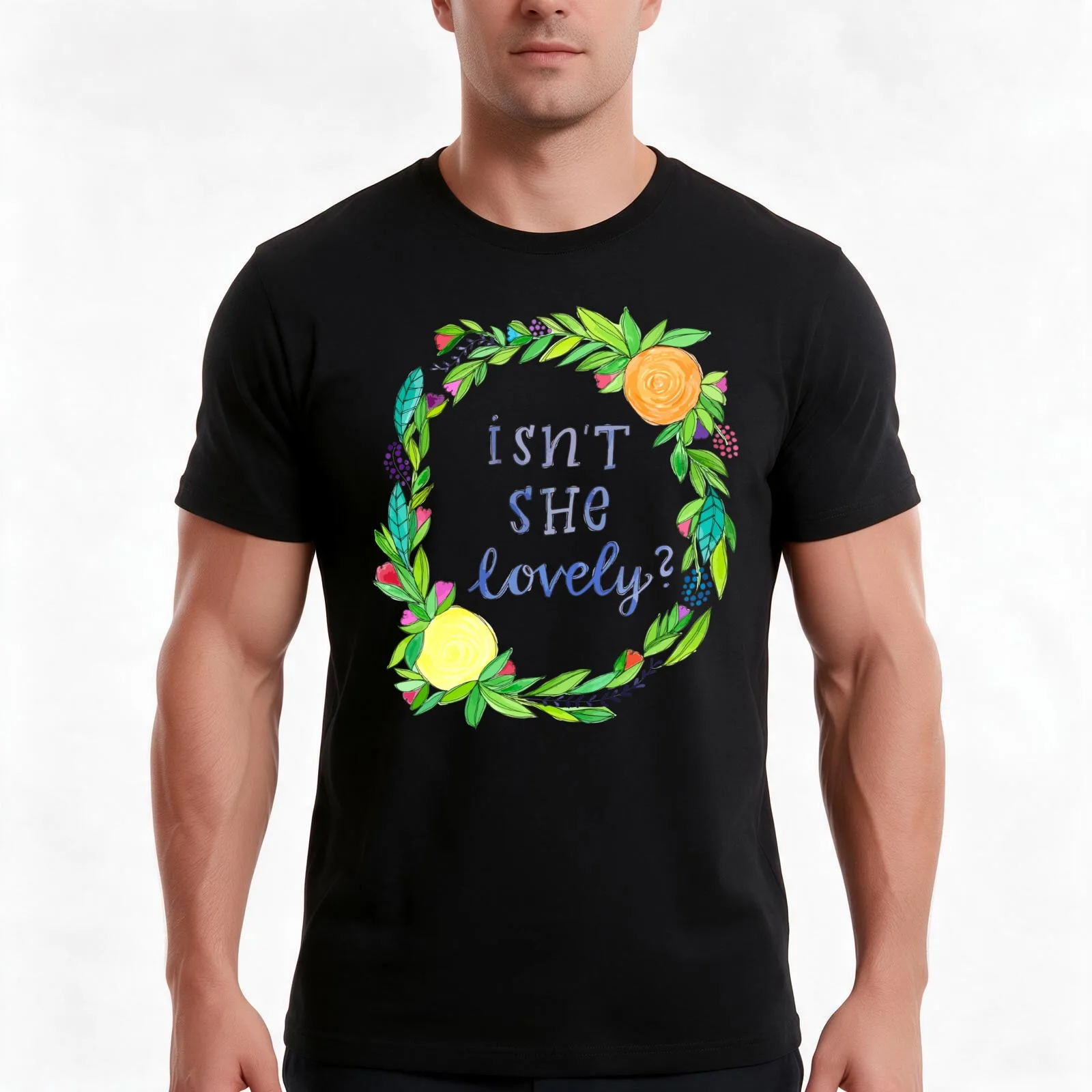 isn't she lovely? floral wreath/stevie wonder T-Shirt, Summer Casual Cotton Tee, Oversized Streetwear Tops, Unisex Men Women