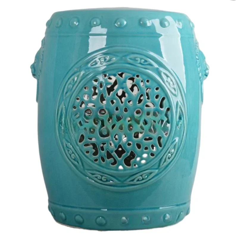 Creative color glaze Chinese drum pier classical lion head hollow antique pier ceramic stool living room decorative stool