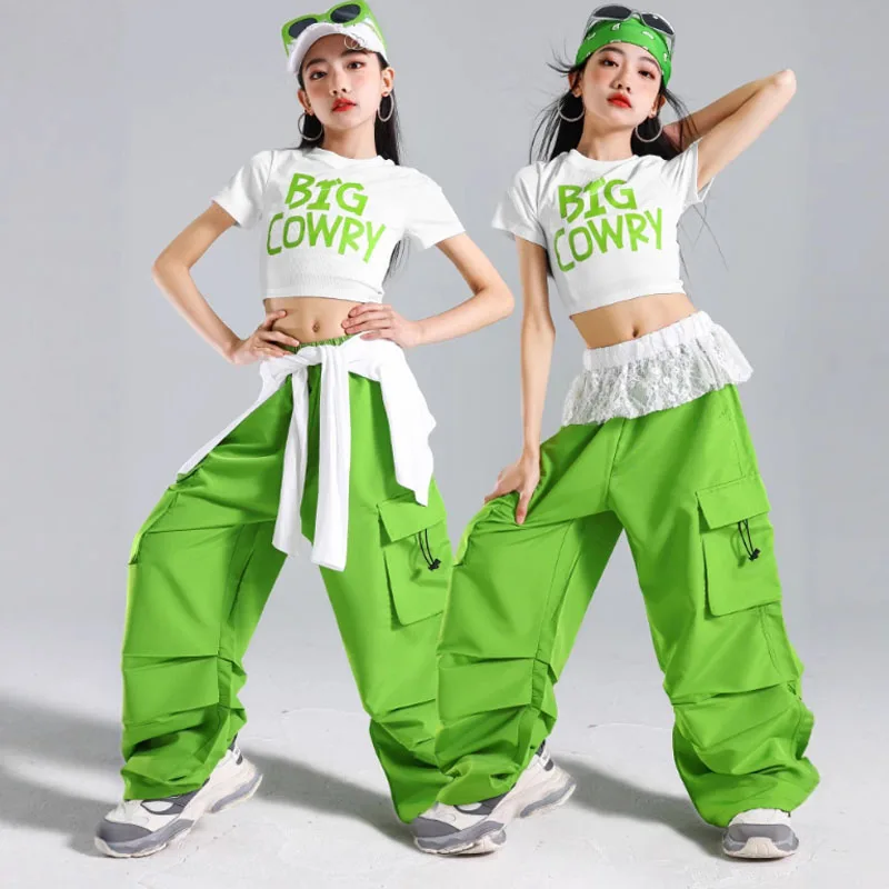 Tops cortos K-pop para niñas, pantalones para correr verdes, trajes de baile callejero de Hip Hop para niños, ropa de calle para niños, conjuntos de ropa de Jazz para grupo de niñas
