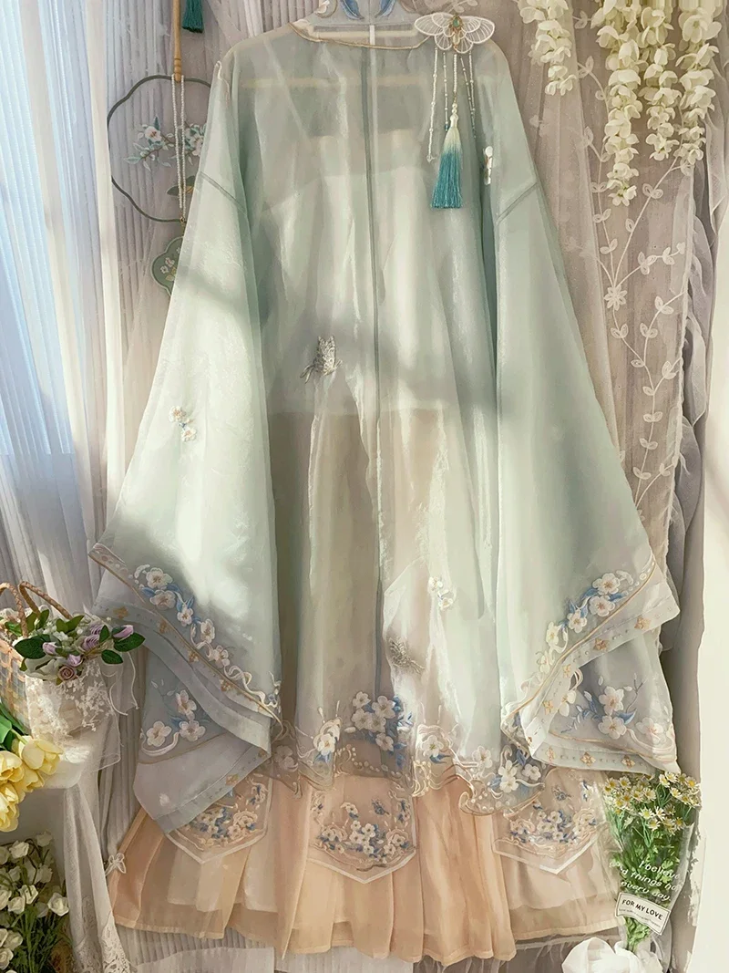 فستان Hanfu الصيني للنساء ، تطريز تقليدي ، تأثيري ، مقاس كبير ، أخضر ، الصيف ، 4 طقم ملابس