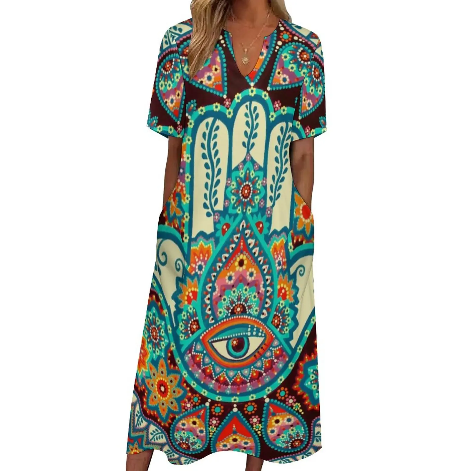 Hamsa Hand Dress Retro Floral Print Modern Maxi Dress Street Wear Casual Long Dresses Summer V Neck Pattern Clothes Big Size 5XL