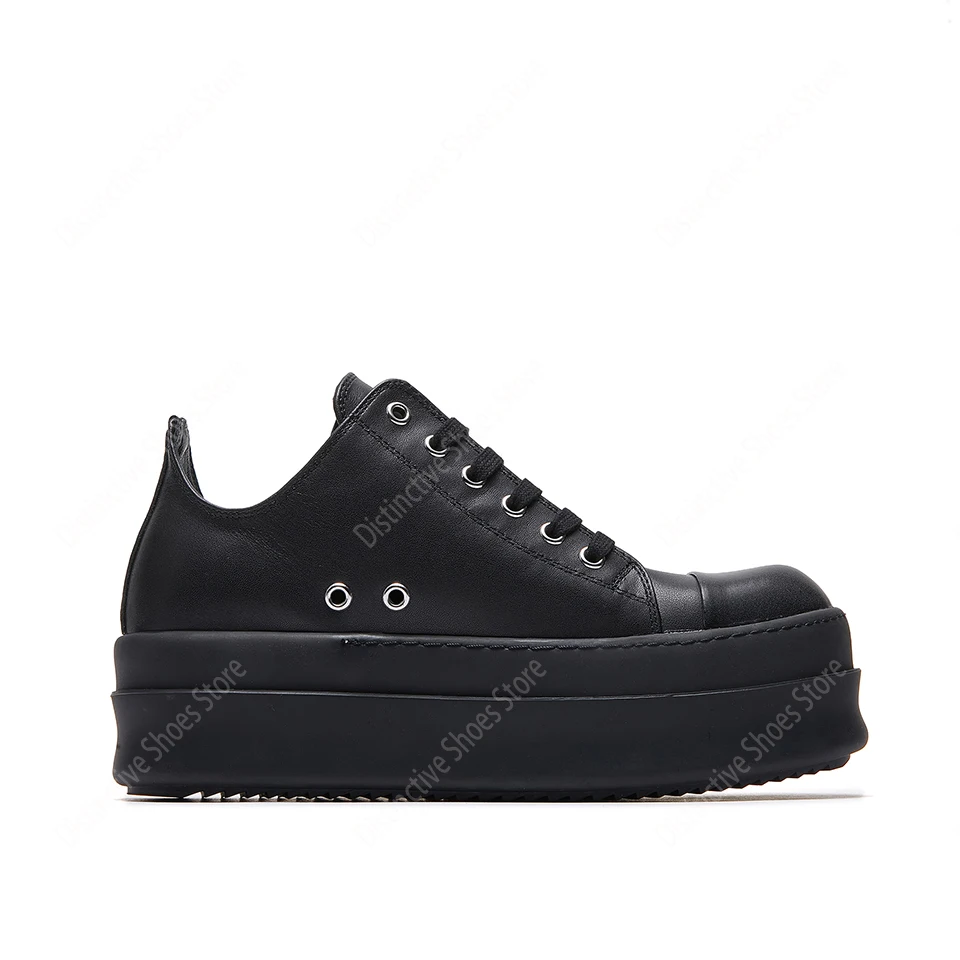 Men Classic Thick Sole Lace-up Low Top Ro Casual Shoes Women Quality Genuine Leather Full Black Sneakers Double Bumpers Trainers