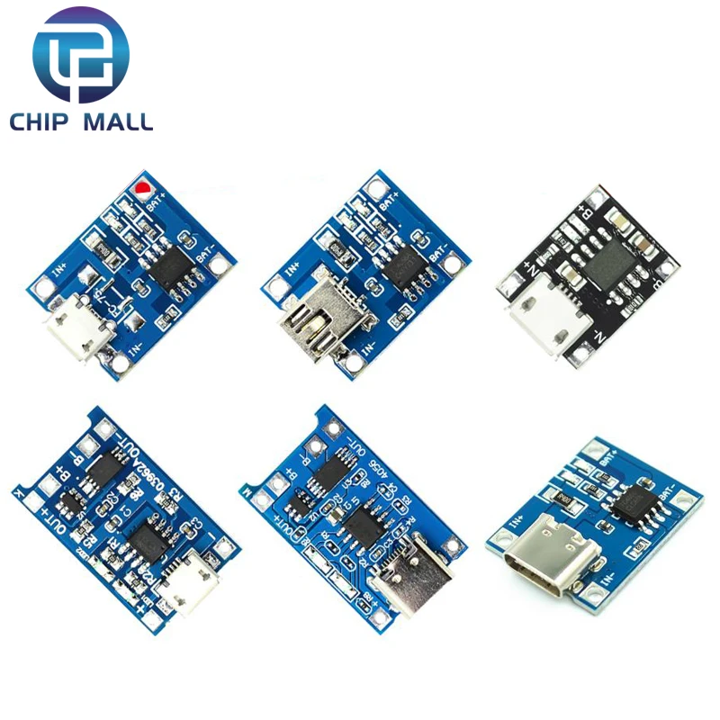 5Pcs Type-c/Micro/Mini USB TP4056 18650 Charger Module 5V Lithium Battery Charging Board 1A with Dual Protection Function