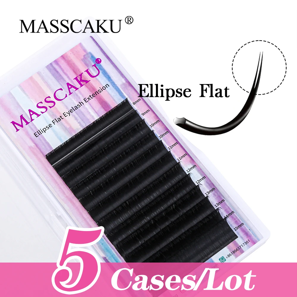 5cases/lot MASSCAKU Faux Matte Deep Black Lash Flat Ellipse 8-18Mmm&mix Length Super Deep Black Faux Mink Eyelashes Extension