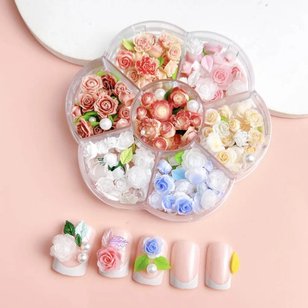 7Grids Pink Rose Flower 3D Nail Charms Mixed Pearl Beads Rhinestone Resin Decorations Nail Accessories Supplies Luxury Parts