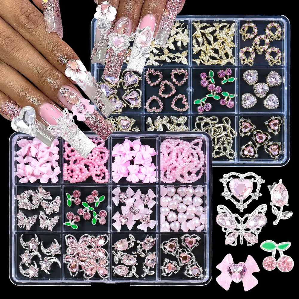 

1Box 3D Pink Love Heart Bow Nail Charms Alloy Crystal Butterfly/Cherry/Rose Luxury Nail Rhinestones Y2K Bow Nail Art Decorations