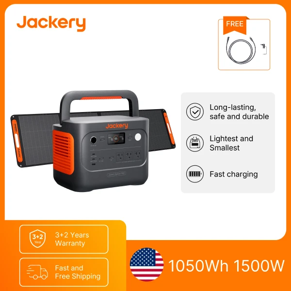 Jackery E1000AC 1050Wh Portable Power Station with 200W Solar Panel & 5m Extension Cable, 1500W Pure Sine Wave AC Output, 3000W Surge, LiFePO4 Battery, 100W USB-C and Fast Recharge for Camping, RV Trips and Home Emergency Backup