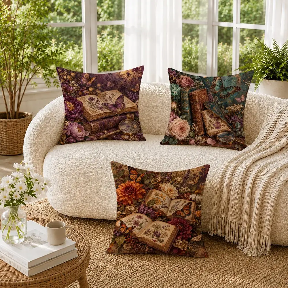 Butterfly And Book Floral Cushion Cover Soft Short Plush Pillow Cases Hidden Zipper Cutecore Sofa Bedroom Home Decor Gift