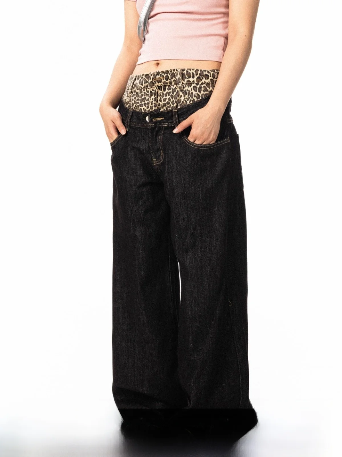

Оригинальные американские лоскутные джинсы с леопардовым принтом, искусственные двухсекционные джинсы, прямые широкие брюки, длинные брюки с двойной талией