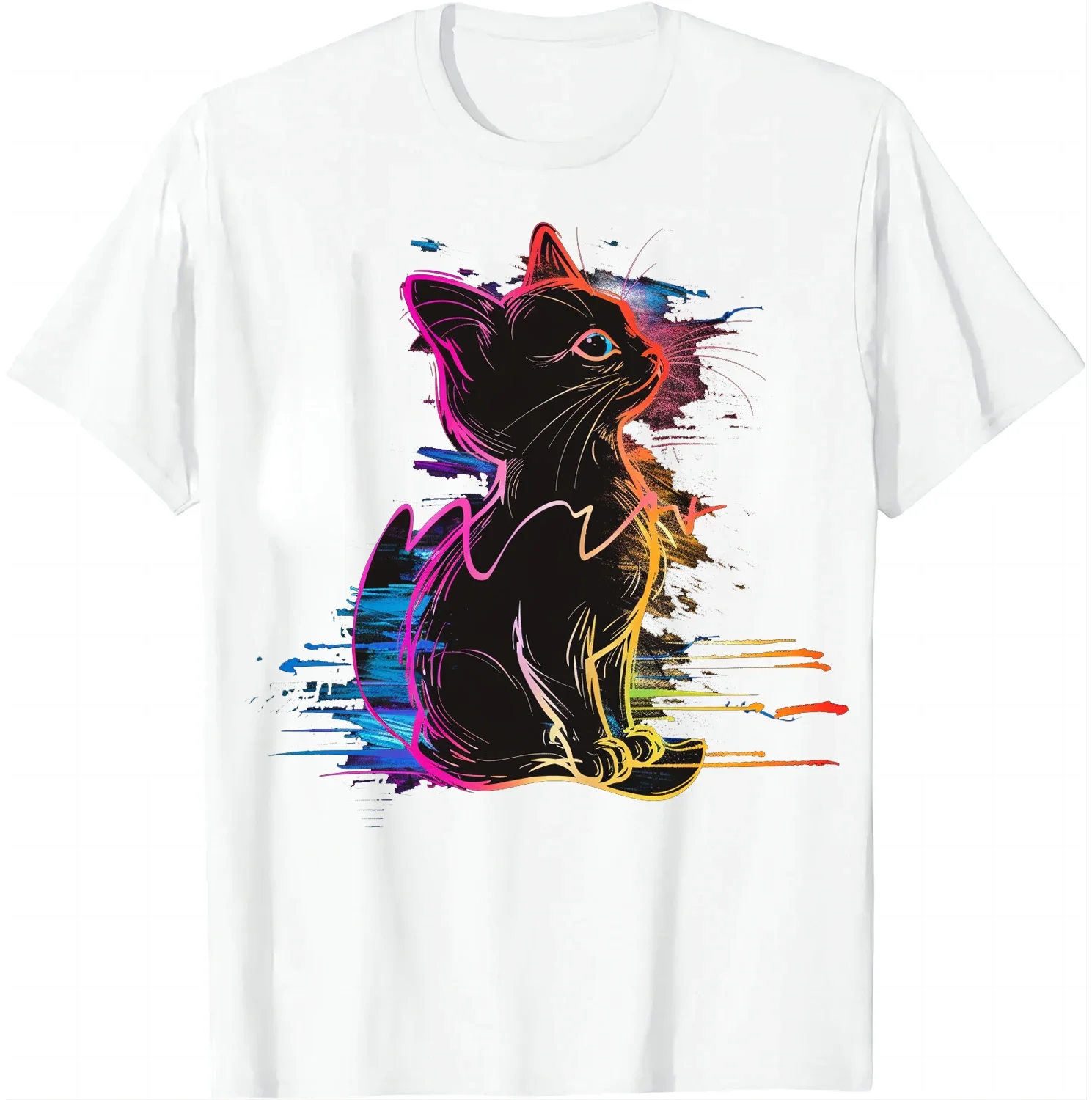 Enchanting Black Cat Tee in Rainbow Hues T-shirts Unisex Summer Soft Tops Graphic T Shirts  Kawaii Clothes Tops Ropa Mujer