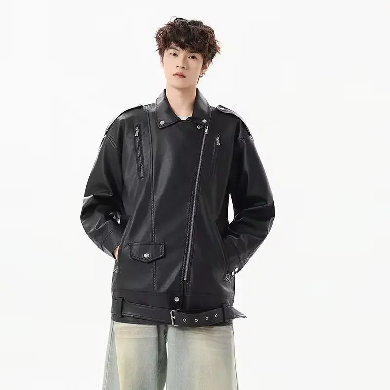 

With Belt Spring Autumn Male Zipper Coat Outwear American Retro High Street Loose Motorcycle Biker Black Pu Faux Leather Jackets