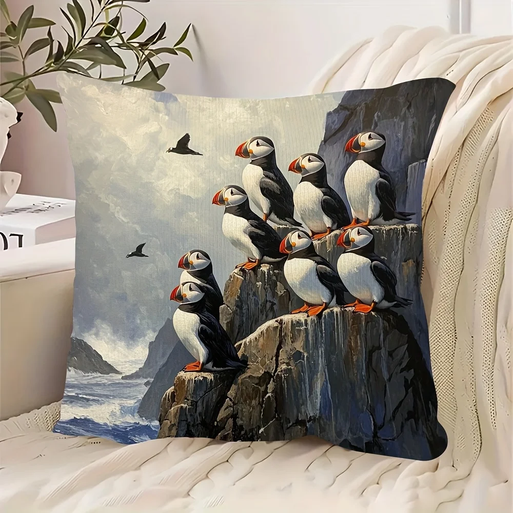 Coastal Puffin and Waves Double-Sided Pillowcase, Nautical Sea Cliff Cushion Cover with Zipper, Washable Decor Case