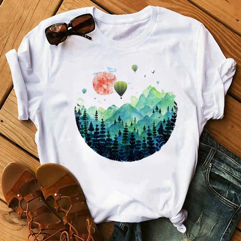 Cute Cartoon Flower Balloon Half Sleeve Base Bf Wind Round Neck Short Sleeve T-shirt Woman Harajuku  Oversized T Shirt