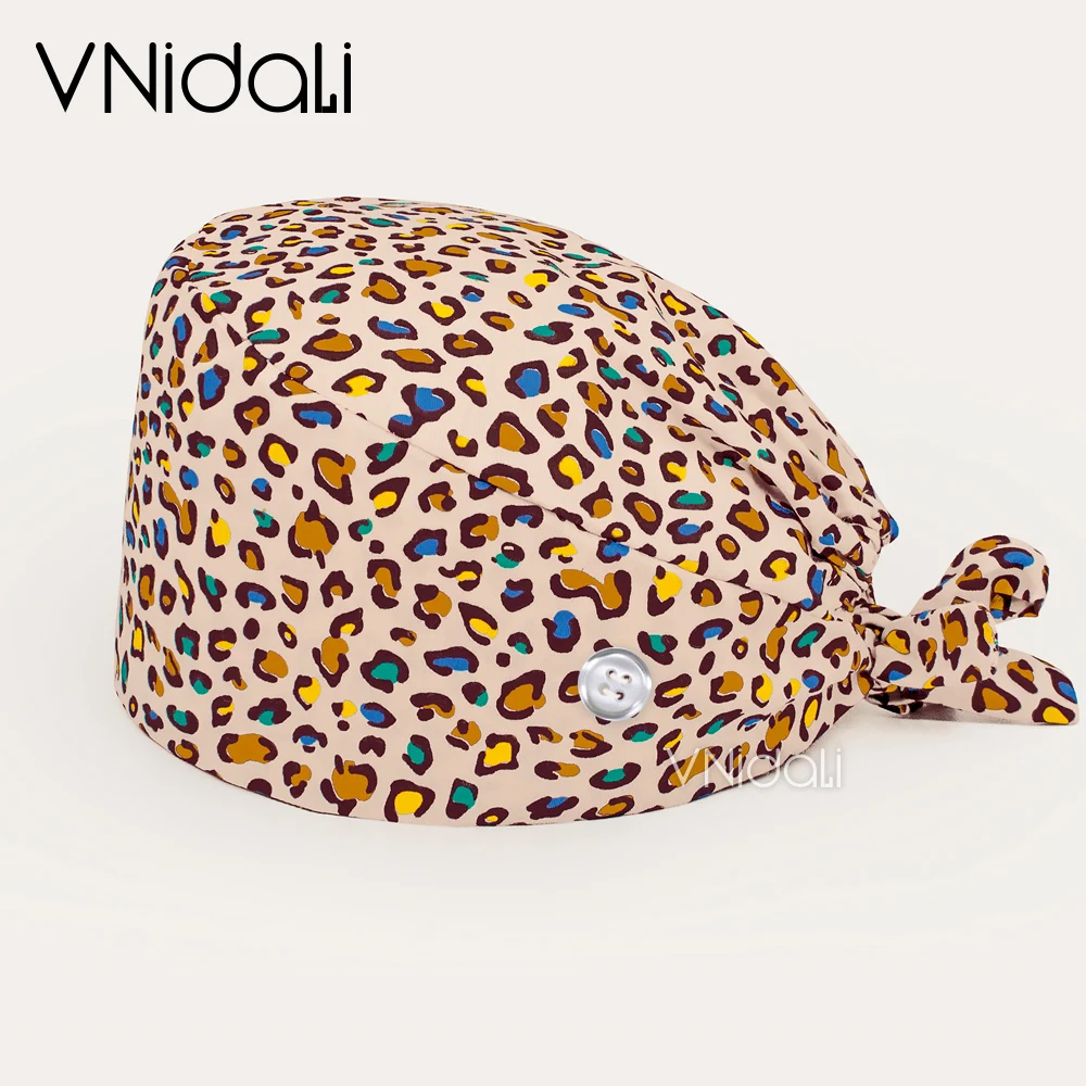 Sexy leopard Printed Cotton Cartoon Adjustable Scrub cap With sweat towel  Nurse Hat Laboratory Pet Shop Button nursing hat