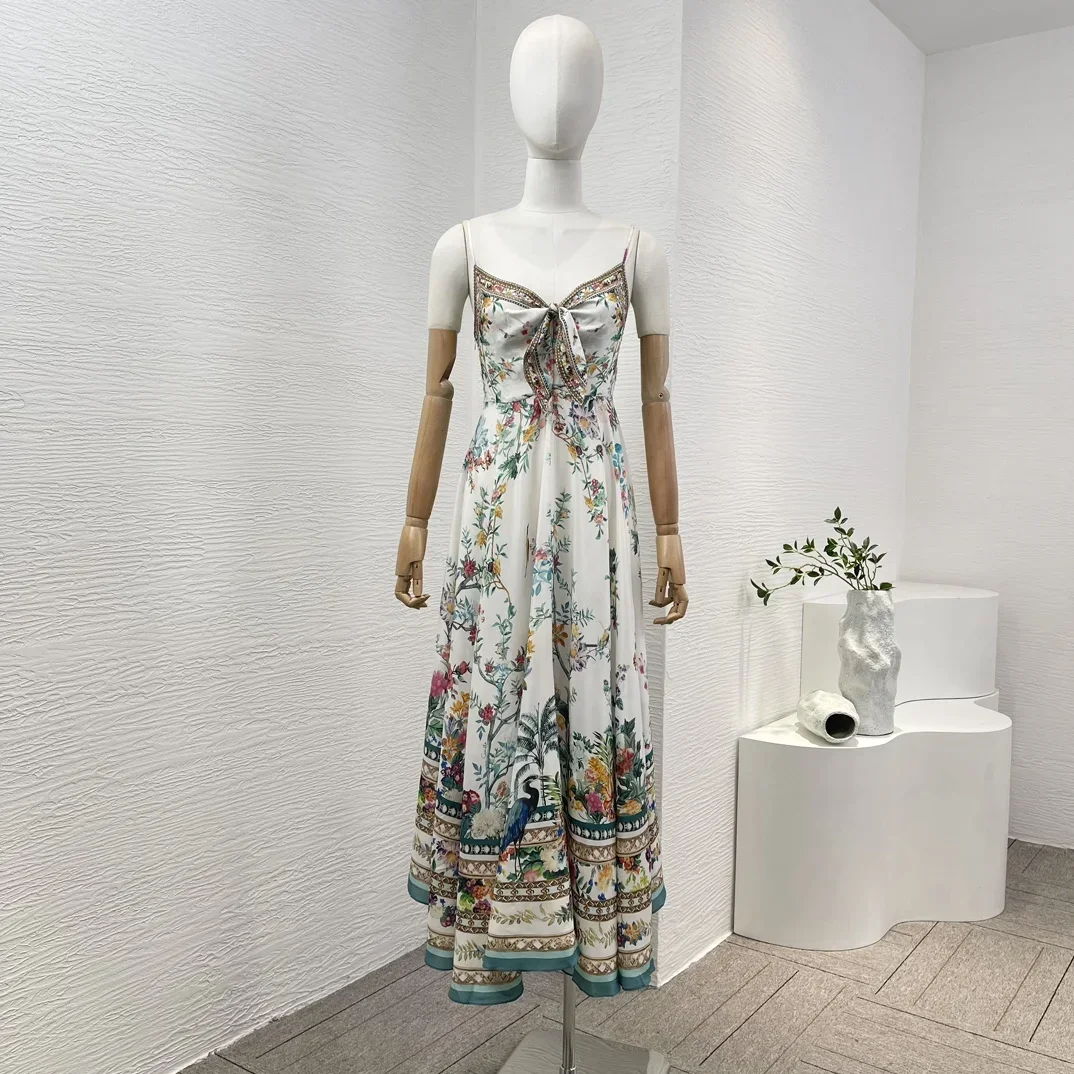 Silk Sleeveless Re-tro 2024 New Arrivals High Quality Floral Printing Self Tie Bow Diamonds Women Vintage Camisole Midi Dress