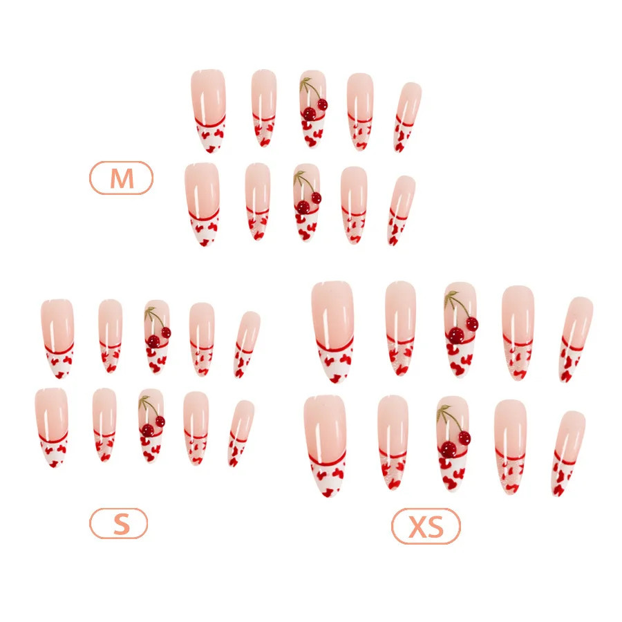 30pcs/set cat eyes fake nails for women girls fashion leopard printing 3D cherry shimmer glossy french tips press on false nails
