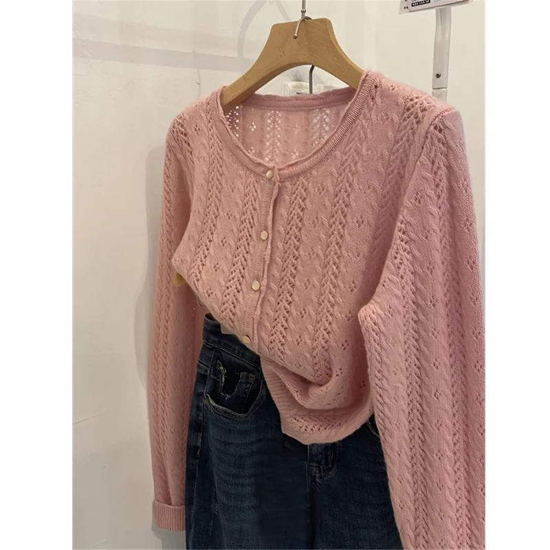 Clothes for Women 2024 Trendy Simple Hollow Single Breasted Knitted Cardigan Female Casual O Neck Long Sleeve Loose Sweater Coat