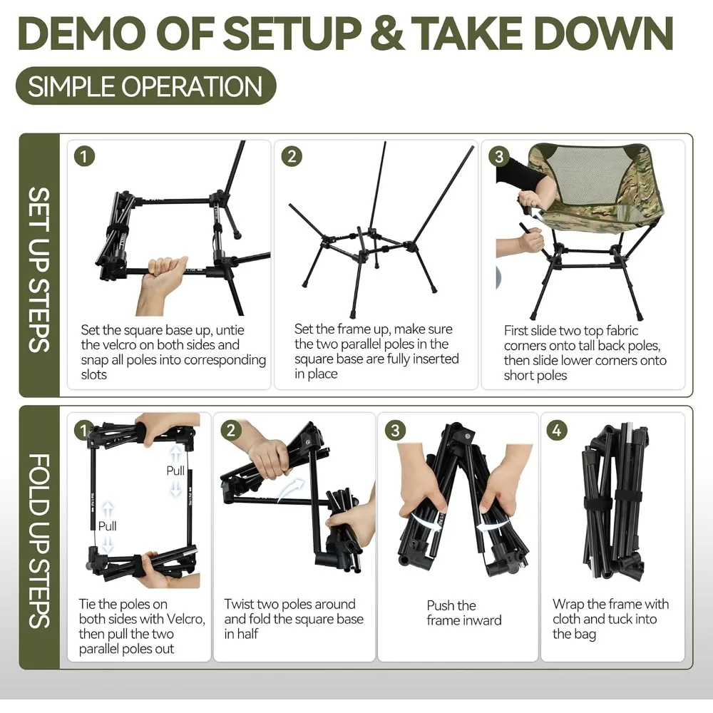 كرسي تخييم خفيف الوزن قابل للطي، مدمج عالي التحمل للسفر في الهواء الطلق، الشاطئ، المشي لمسافات طويلة، الظهر (موه) #6