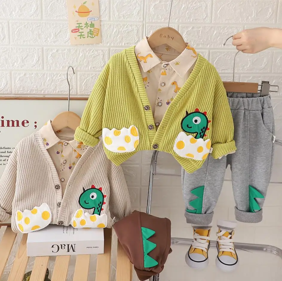 Boys Autumn Clothes Korean Style Kids Tracksuits Cartoon Dinosaur Cardigan Coat Shirts Pants 3PCS Infant Outfits Toddler Sets