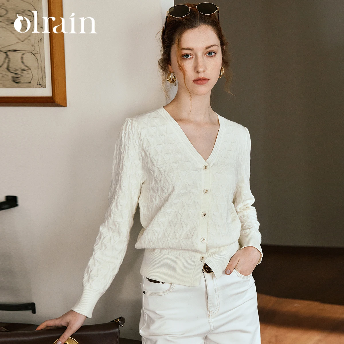 

OLrain French Cardigan Women's Solid Diamond Heart Jacquard Knitted Cardigan 2025 Autumn Ribbed V-Neck Elegant Tops M57QZ99961