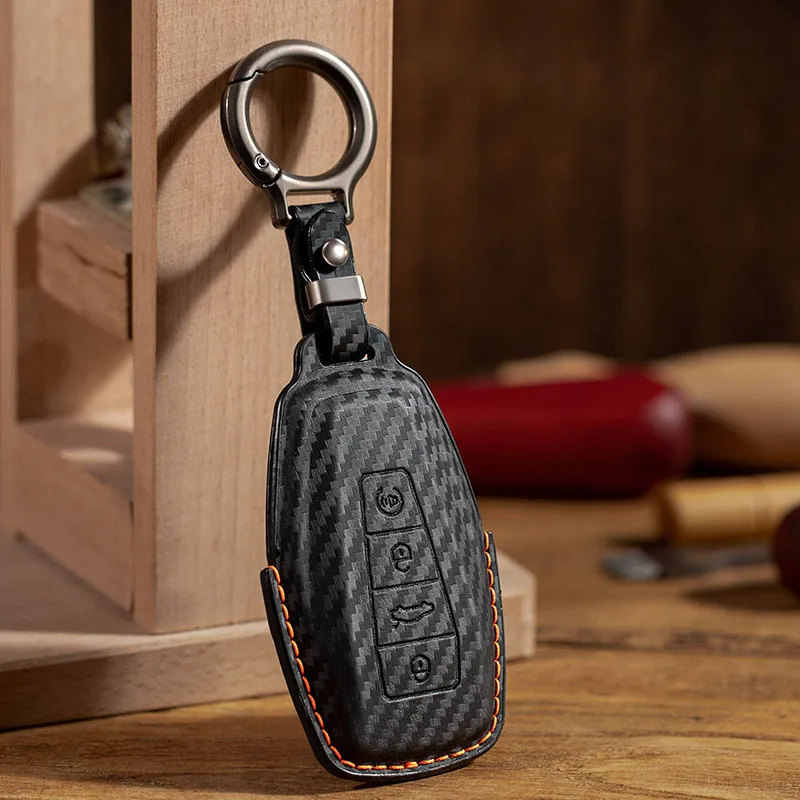 Leather Carbon Fiber Car Key Case Cover Protector Shell For Geely Coolray X6 X7 EX7 2024 Geometry C Emgrand UV GT GC9 Starray