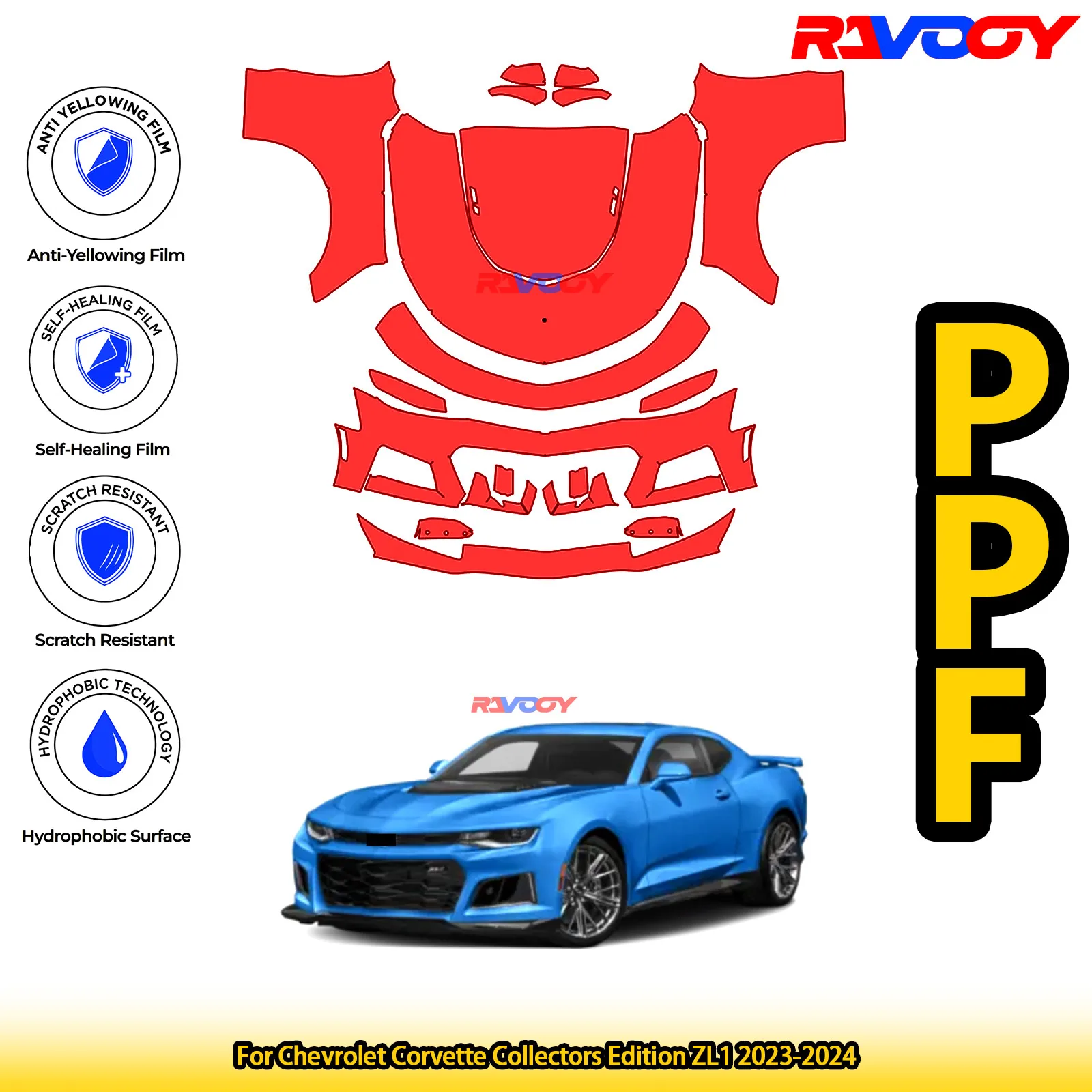 

Для Chevrolet Corvette Collectors Edition ZL1 2023-2024 глянцевая матовая черная предварительно вырезанная передняя защитная пленка PPF Kit