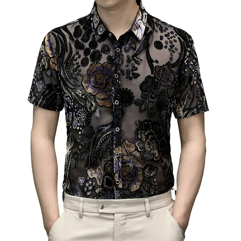 Men's See Through Clothes Summer Spring 2025 Sexy Man Tops Fashion Floral Silk Velvet Shirt Short Sleeve Transparent Club Wear