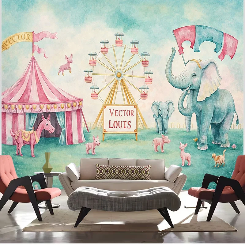 Vintage Carnival Circus Wall Tapestry Art Canvas Poster Decor Pink Blue Elephant Ferris Wheel Nursery Kids Room Polyester Print