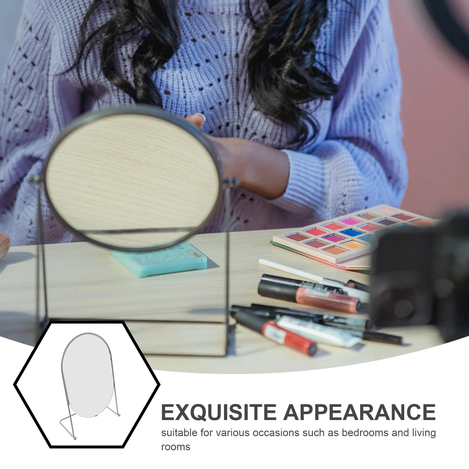 

13 Inch High Definition Oval Makeup Mirror with Stand Metal Finish Desktop Vanity Mirror for Bedroom Dorm Desk Use