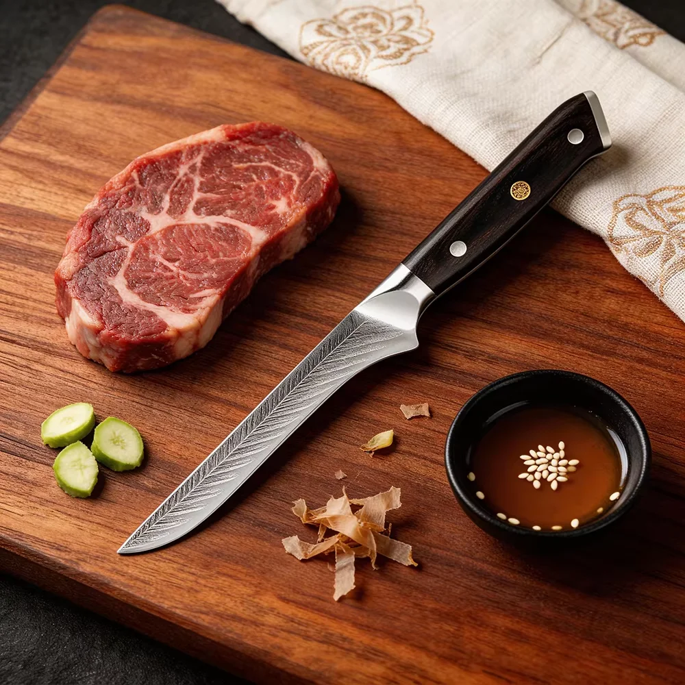 

5.5 Inch Boning Knife & Fillet Knife, 5Cr15Mov Stainless Steel with Laser Pattern Blade, Full Tang Wood Handle Kitchen Knife