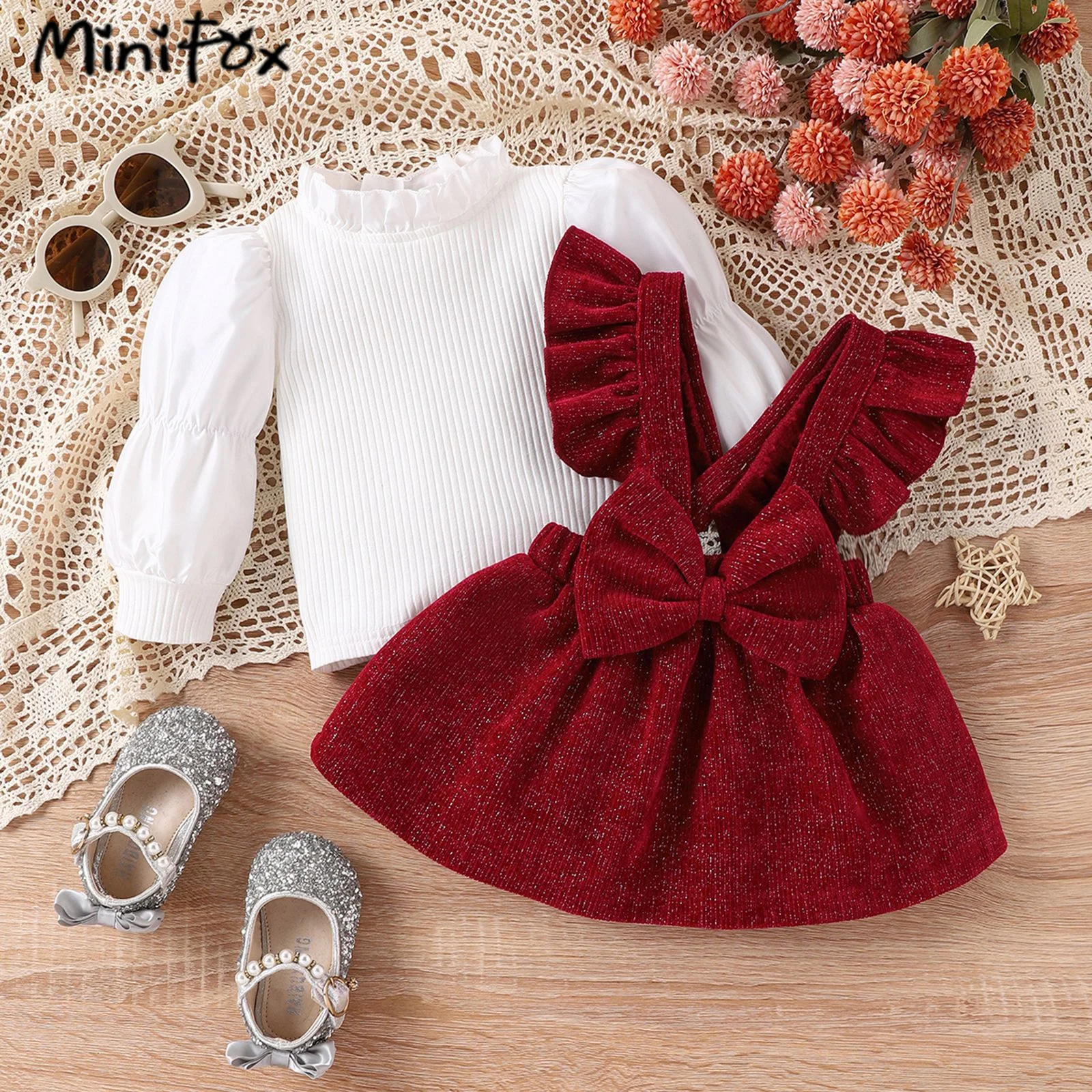 MiniFox completi per neonate set t-shirt bianche con maniche in pizzo di compleanno rosso e gonne di velluto a coste con fiocco vestiti per bambine