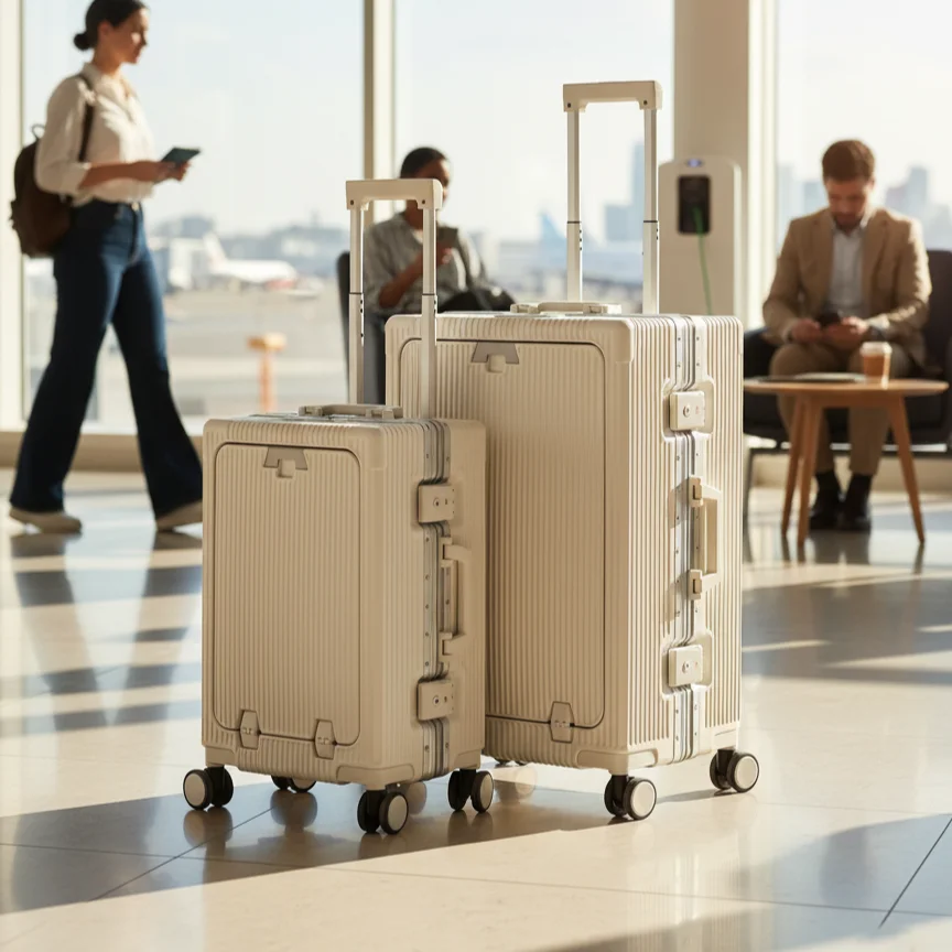 Maleta de aluminio con apertura frontal, carga USB y portavasos plegable, silenciosa 360 °   Ruedas y cerradura TSA