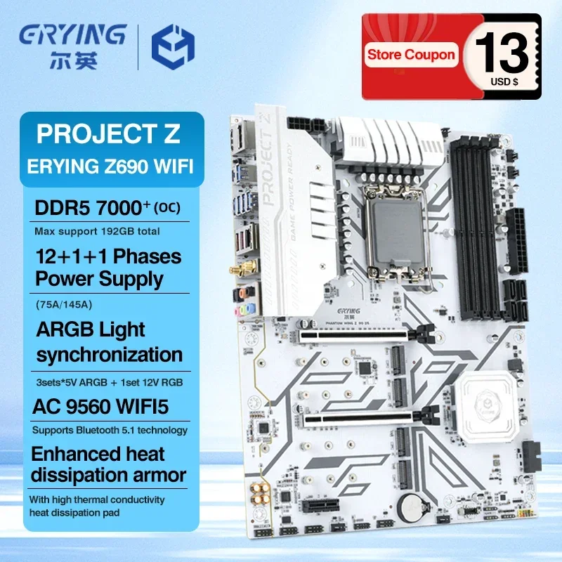 ERYING Z690 DDR5 Wi-Fi5 Motherboard LGA 1700 Mainboard ATX ARGB Support 14th/13th/12th Gen i7-14700K i5-14600K CPU M.2 placa mae