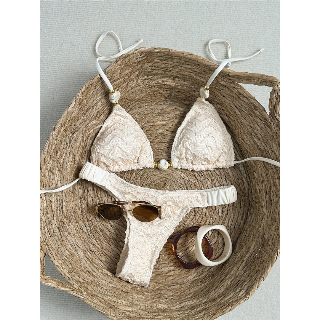 2026 Geknitterter Neckholder-Bikini Damen-Badeanzug zweiteiliger Bikini-Set gepolsterter Badeanzug Badebekleidung V8135 – Detail 5