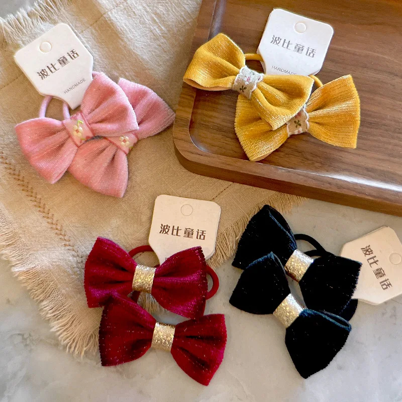 

Красные бархатные резинки для волос с бантиками для девочек, милые эластичные резинки, 2 шт. в паре, простые универсальные аксессуары для волос