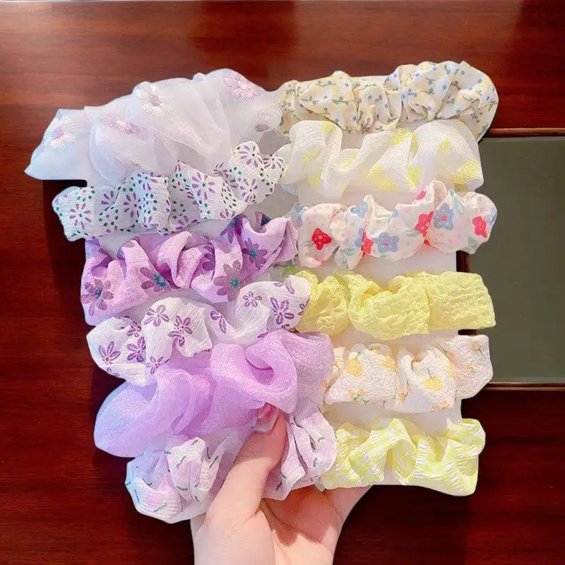 

6Pcs/Set Women's Sweet Pink Peach Blossom Check Large Intestine Hair Ring Fashionable And Versatile Hair Accessory