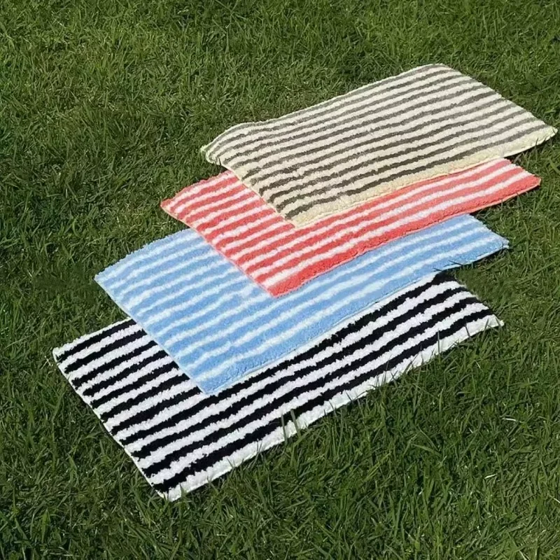 Flocking Striped Rugs for Bedroom Bedside Soft Plush Entrance Door Mat Simple Style Anti Slip Living Room Carpet Area Rug Decor