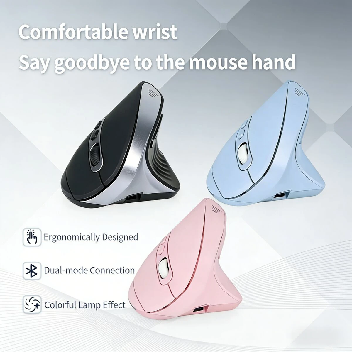 

Wireless Ergonomic Vertical Mouse 2.4G+Bluetooth Dual-Mode Rechargeable Colorful RGB Light Ventilate Design Mice for Office Use