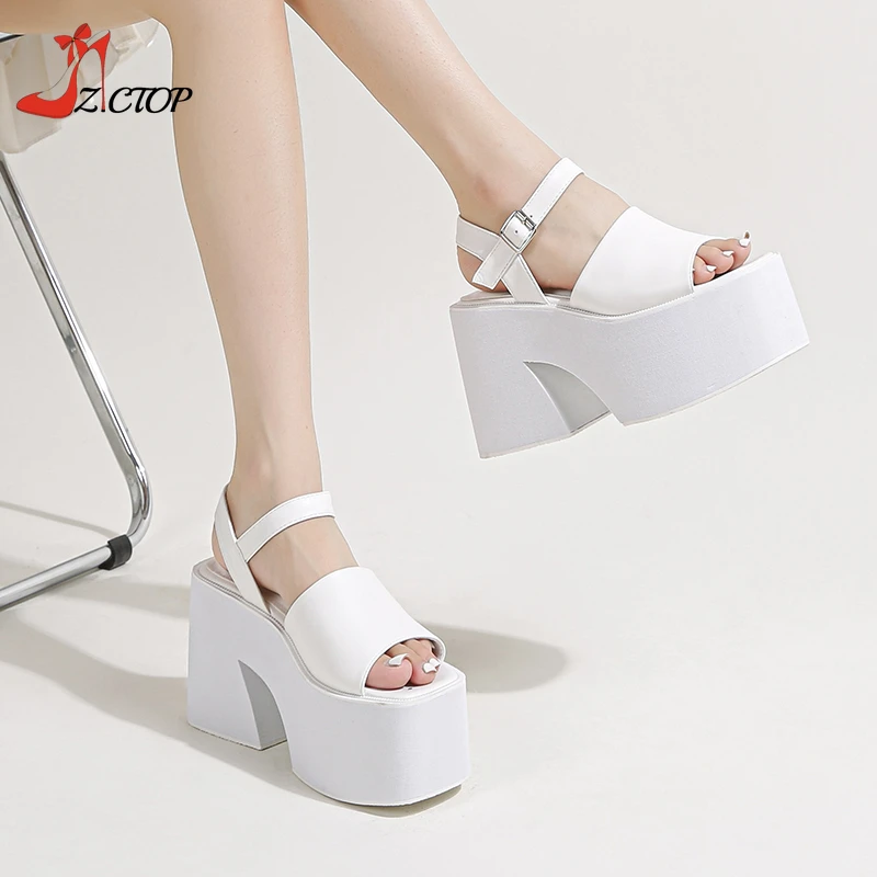 10CM Platform High Heels Chunky Strappy Sandals Women Open Toe Ankle Buckle White Black Punk Shoes Female Summer Big Size 40 41