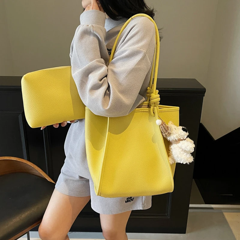 Yellow Rectangle Mother and Child Bag Women Autumn Large Capacity Magnetic Button Simple Tote Bags High End Commuter Handbag